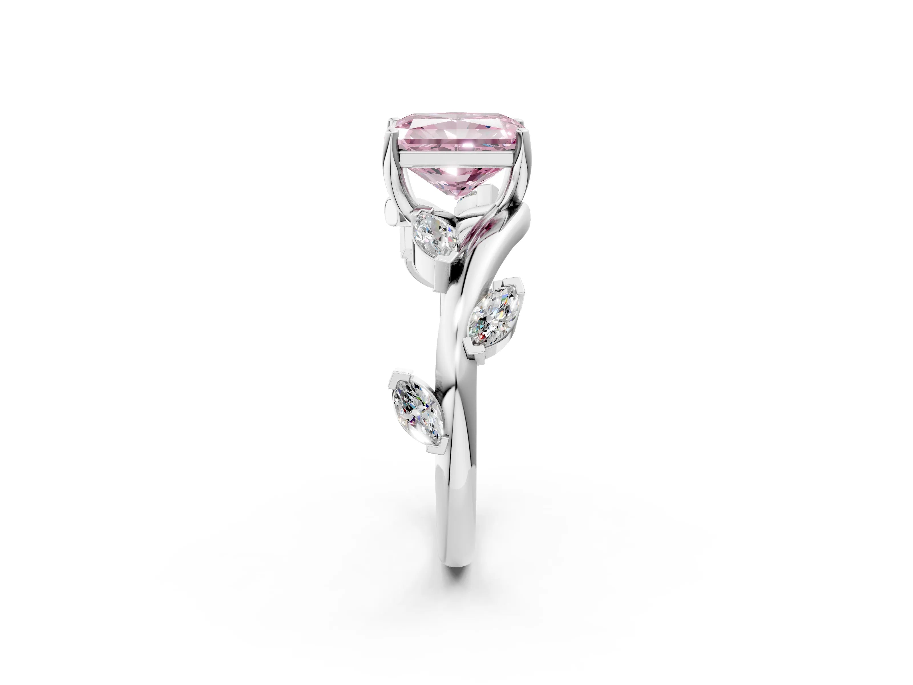 White gold Fancy Pink Radiant Cut Solitaire Twisted Band Marquise Accent Prong Setting Ring_2