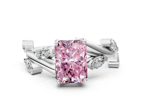 White gold Fancy Pink Radiant Cut Solitaire Twisted Band Marquise Accent Prong Setting Ring