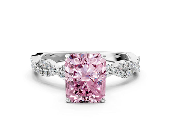 Platinum Fancy Pink Radiant Cut Solitaire Twisted Pave Band with Four-Prong Setting