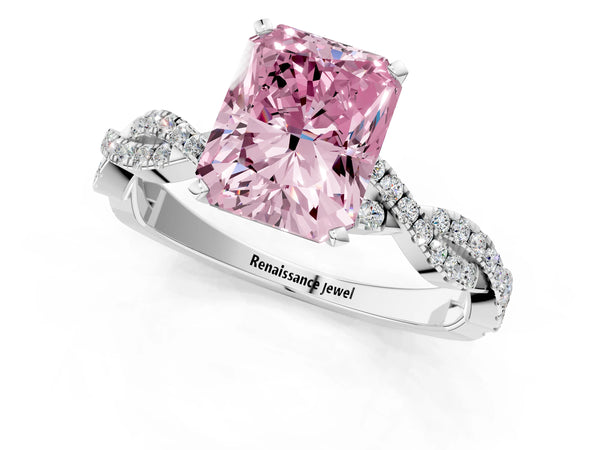 Platinum Fancy Pink Radiant Cut Solitaire Twisted Pave Band with Four-Prong Setting