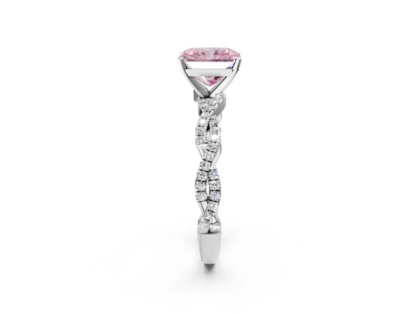 Platinum Fancy Pink Radiant Cut Solitaire Twisted Pave Band with Four-Prong Setting