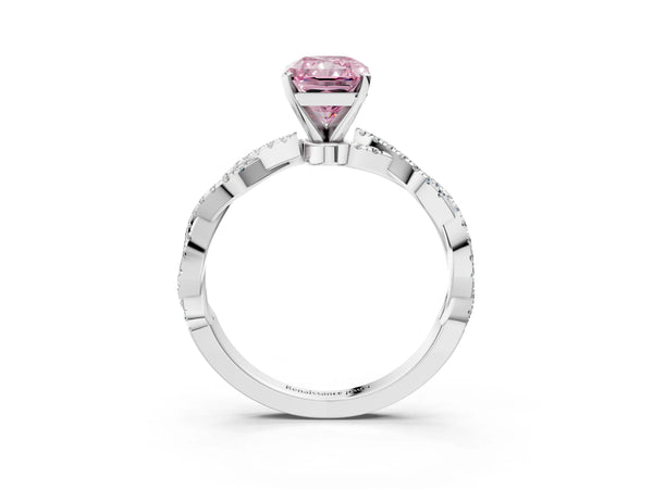 Platinum Fancy Pink Radiant Cut Solitaire Twisted Pave Band with Four-Prong Setting