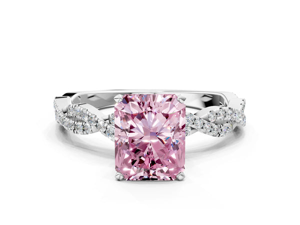 Platinum Fancy Pink Radiant Cut Solitaire Twisted Pave Band with Four-Prong Setting