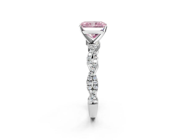 Platinum Fancy Pink Radiant Cut Solitaire Twisted Pave Band with Four-Prong Setting