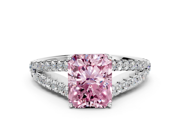 Platinum Fancy Pink Radiant  Cut Split Shank Pave Diamond Engagement Ring with Four-Prong Setting