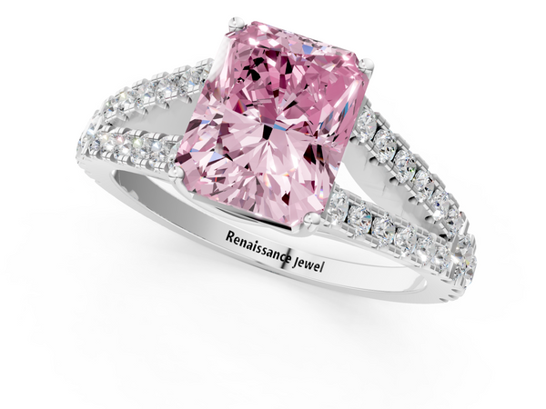Platinum Fancy Pink Radiant  Cut Split Shank Pave Diamond Engagement Ring with Four-Prong Setting