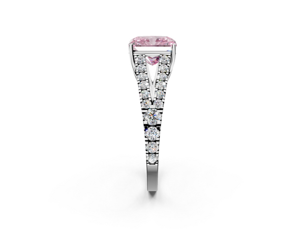 Platinum Fancy Pink Radiant  Cut Split Shank Pave Diamond Engagement Ring with Four-Prong Setting