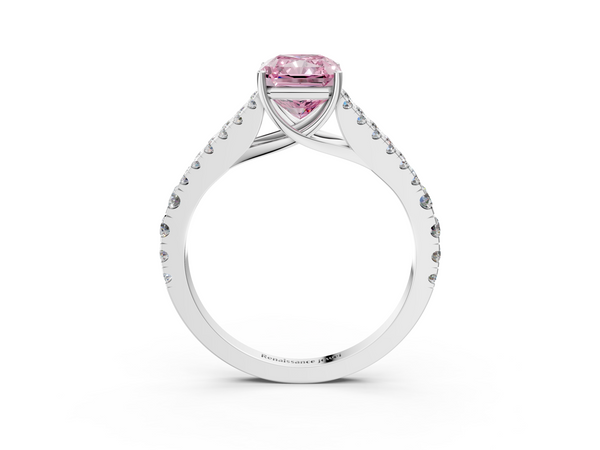 Platinum Fancy Pink Radiant  Cut Split Shank Pave Diamond Engagement Ring with Four-Prong Setting