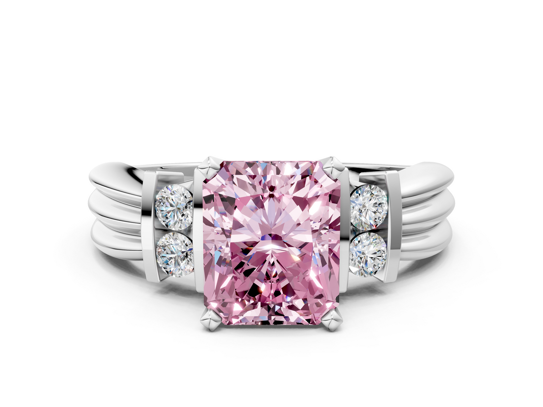 White gold Fancy Pink Radiant  Cut Three-Stone Channel Set Ring with Bar Prongs_71