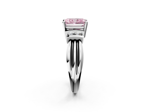 White gold Fancy Pink Radiant  Cut Three-Stone Channel Set Ring with Bar Prongs