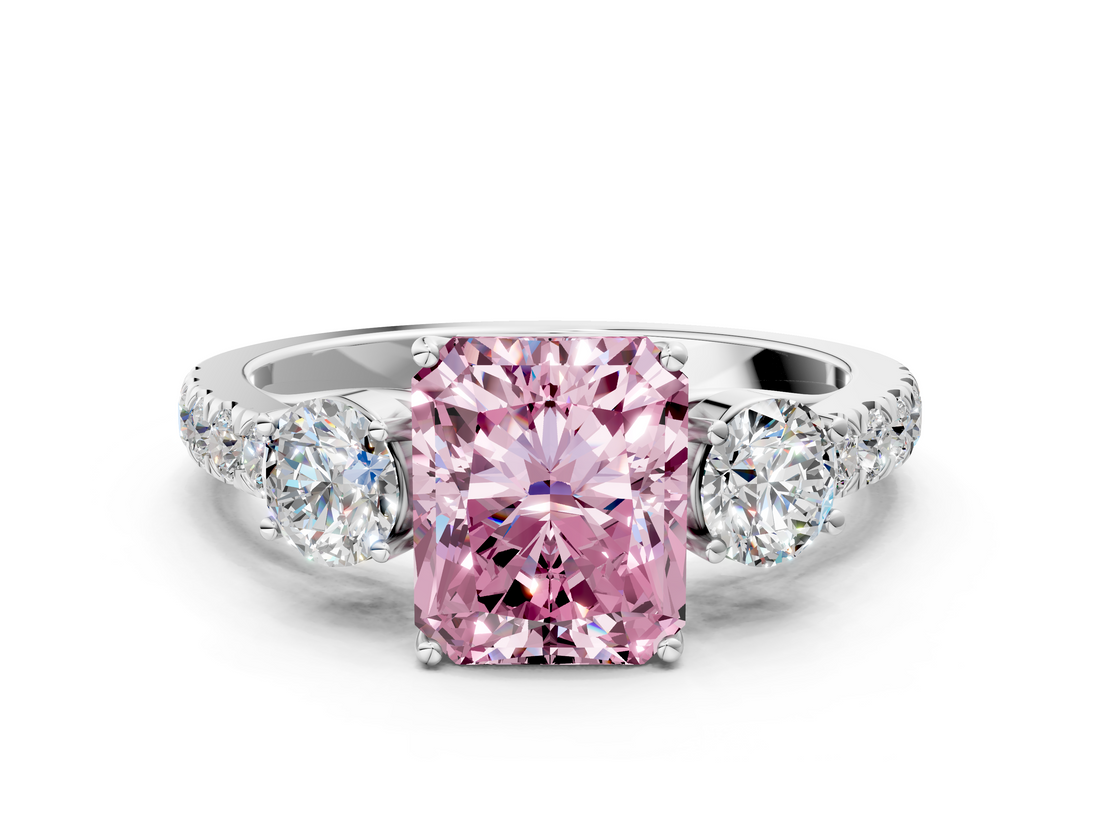White gold Fancy Pink Radiant  Cut Three-Stone Diamond Pave Band with Prong Setting_37