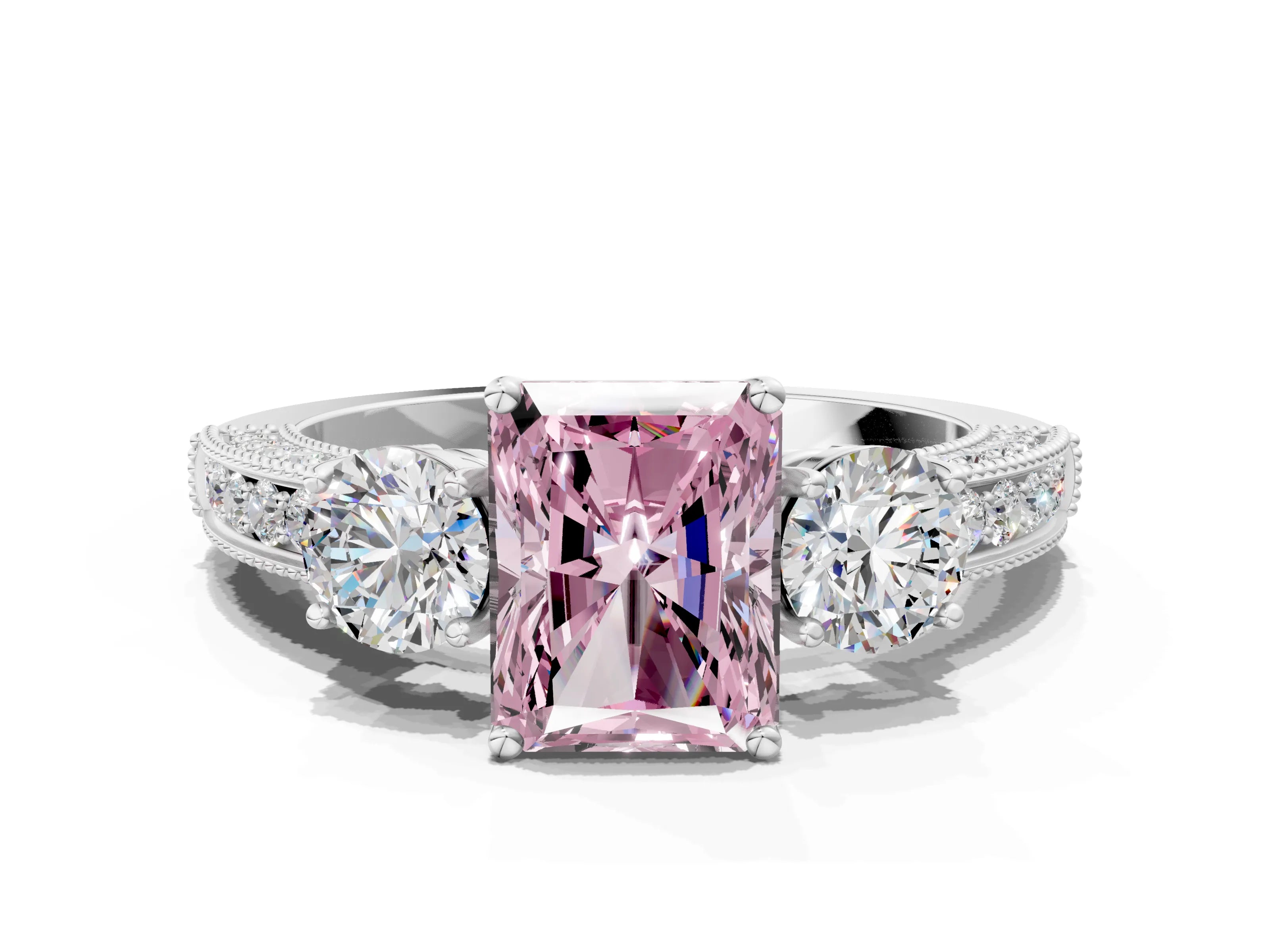 White gold Fancy Pink Radiant Cut Three-Stone Diamond Ring with Pavé Band and Four-Prong Setting_12