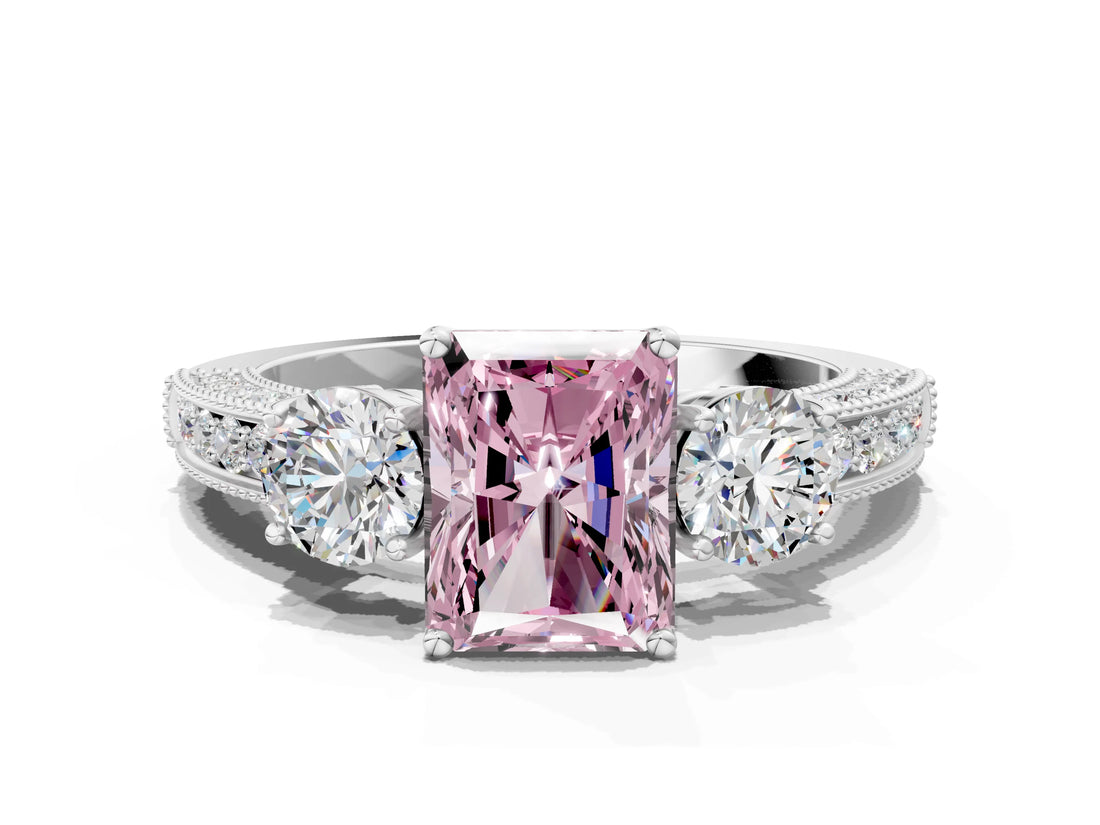 White gold Fancy Pink Radiant Cut Three-Stone Diamond Ring with Pavé Band and Four-Prong Setting_12