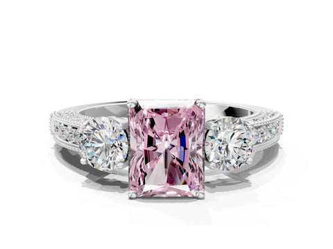 White gold Fancy Pink Radiant Cut Three-Stone Diamond Ring with Pavé Band and Four-Prong Setting_12