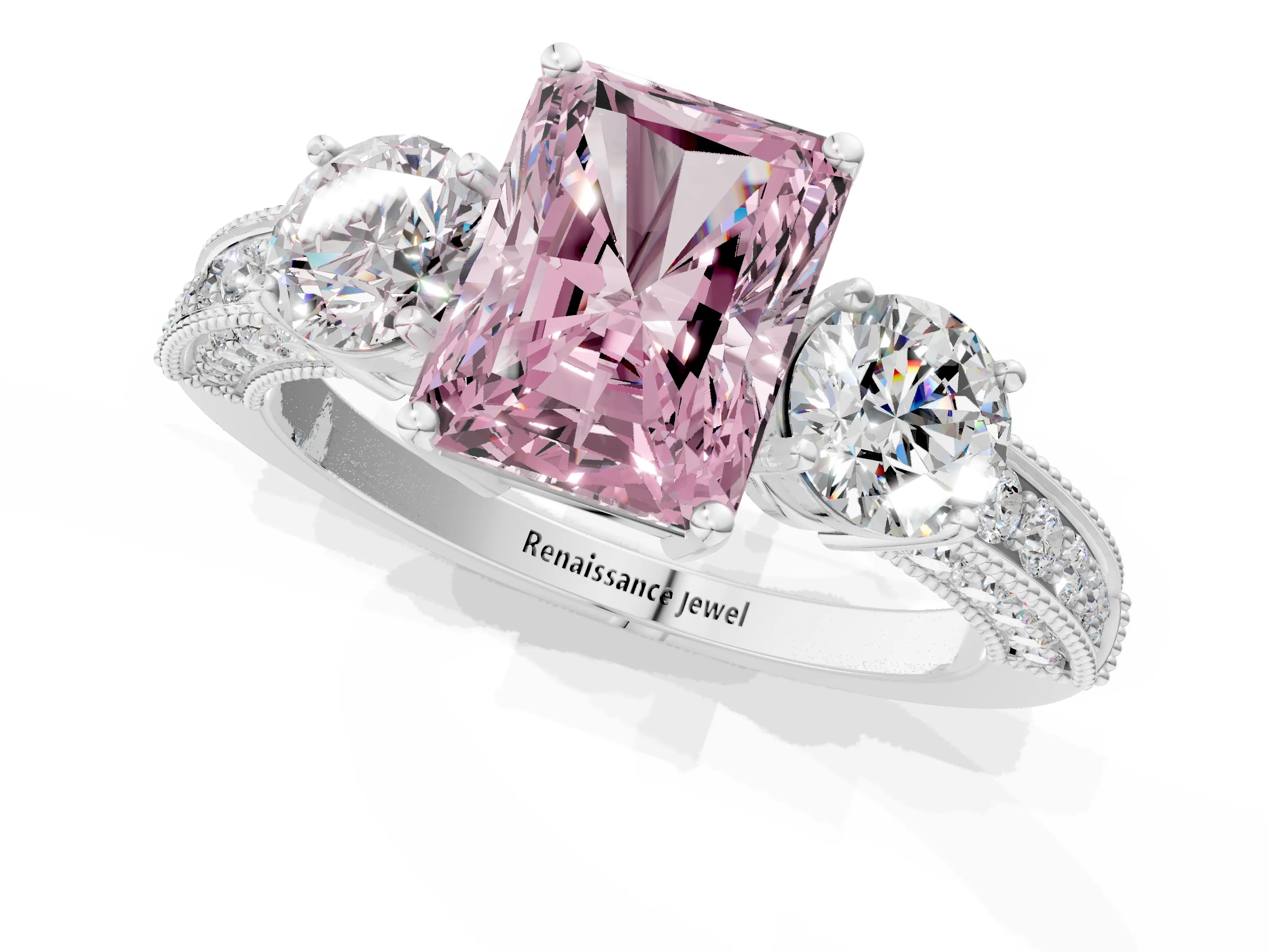 White gold Fancy Pink Radiant Cut Three-Stone Diamond Ring with Pavé Band and Four-Prong Setting_13