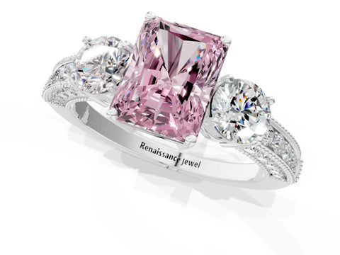 White gold Fancy Pink Radiant Cut Three-Stone Diamond Ring with Pavé Band and Four-Prong Setting_13
