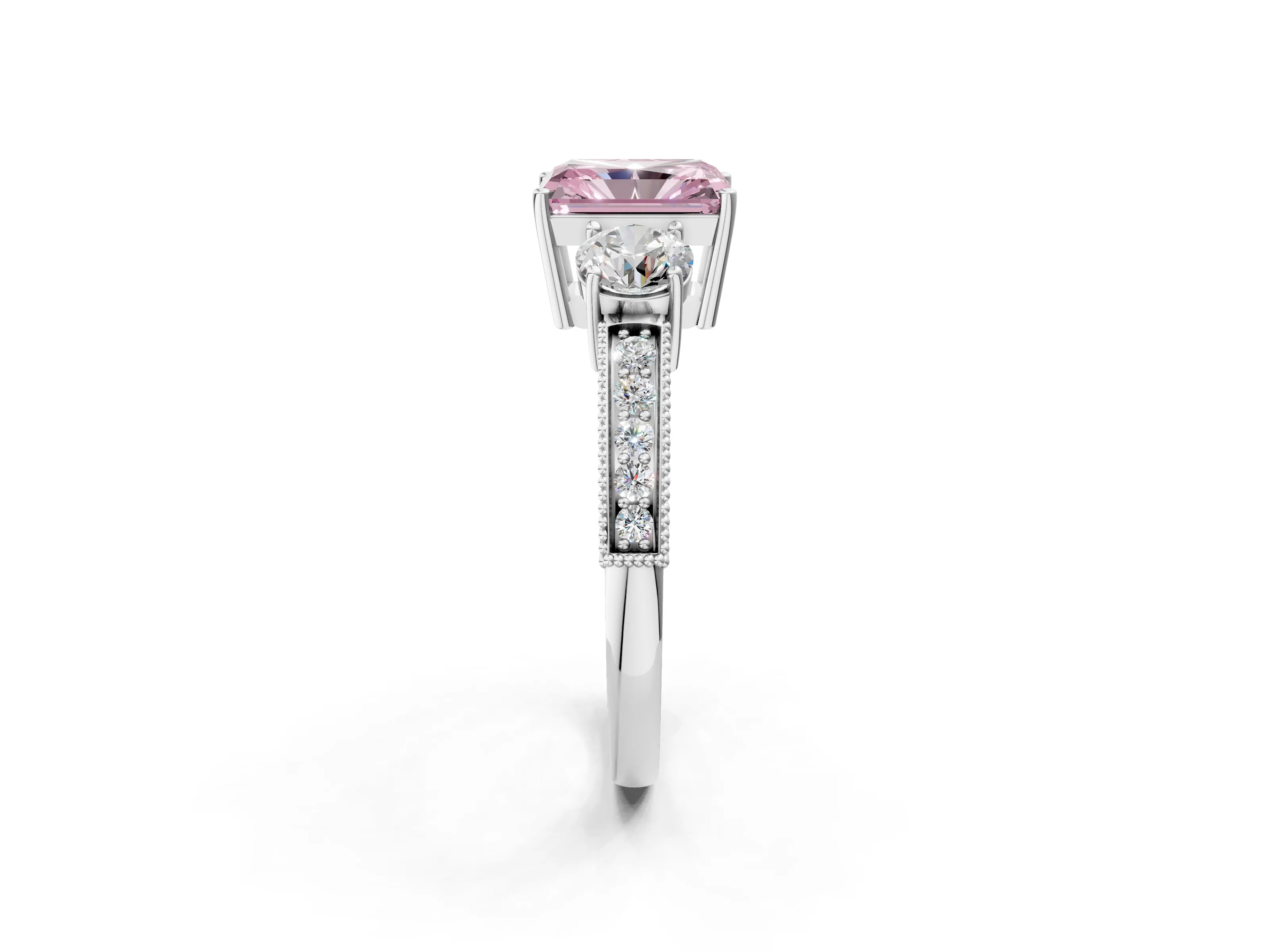 White gold Fancy Pink Radiant Cut Three-Stone Diamond Ring with Pavé Band and Four-Prong Setting_14