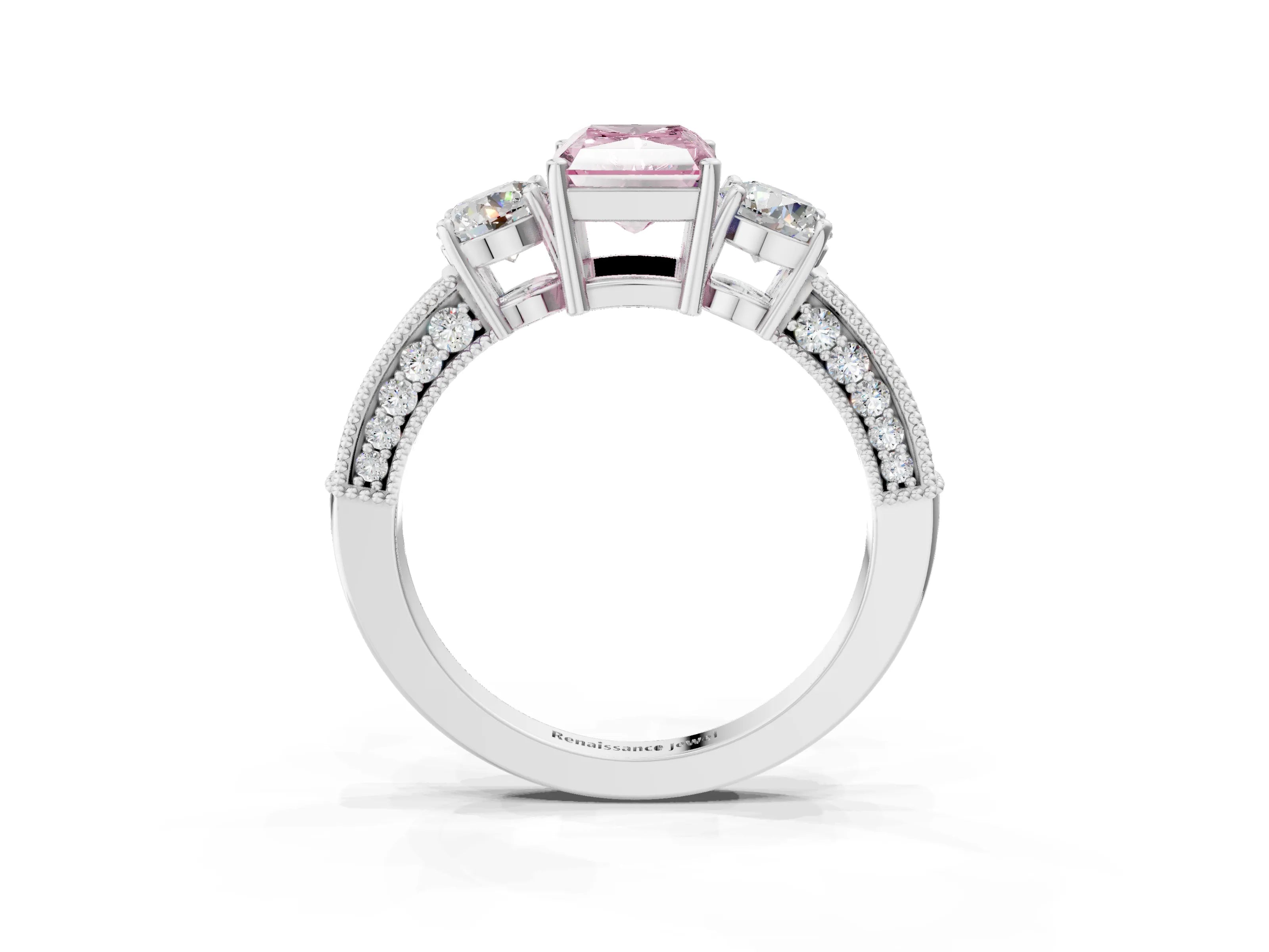 White gold Fancy Pink Radiant Cut Three-Stone Diamond Ring with Pavé Band and Four-Prong Setting_15