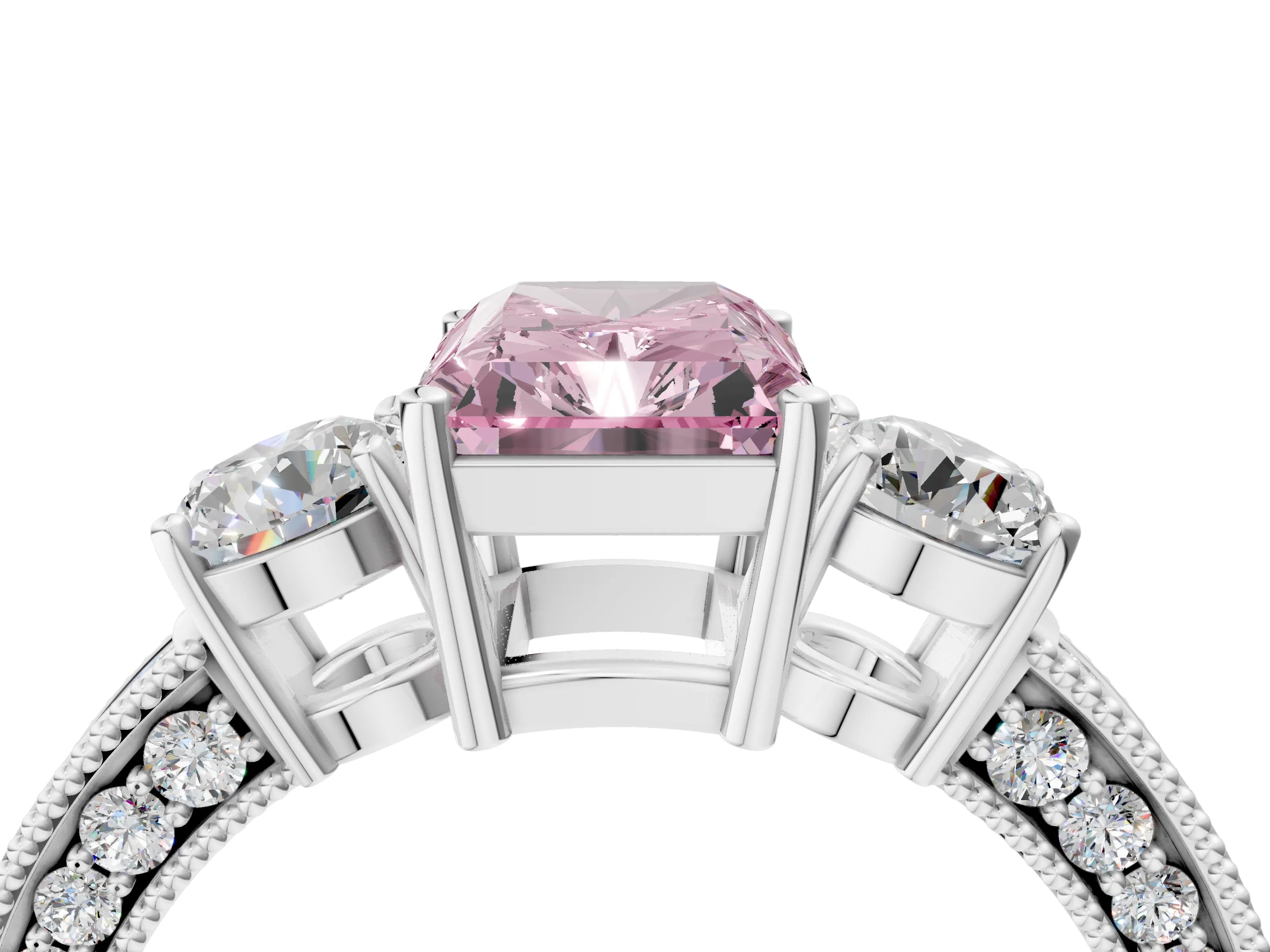 White gold Fancy Pink Radiant Cut Three-Stone Diamond Ring with Pavé Band and Four-Prong Setting_16