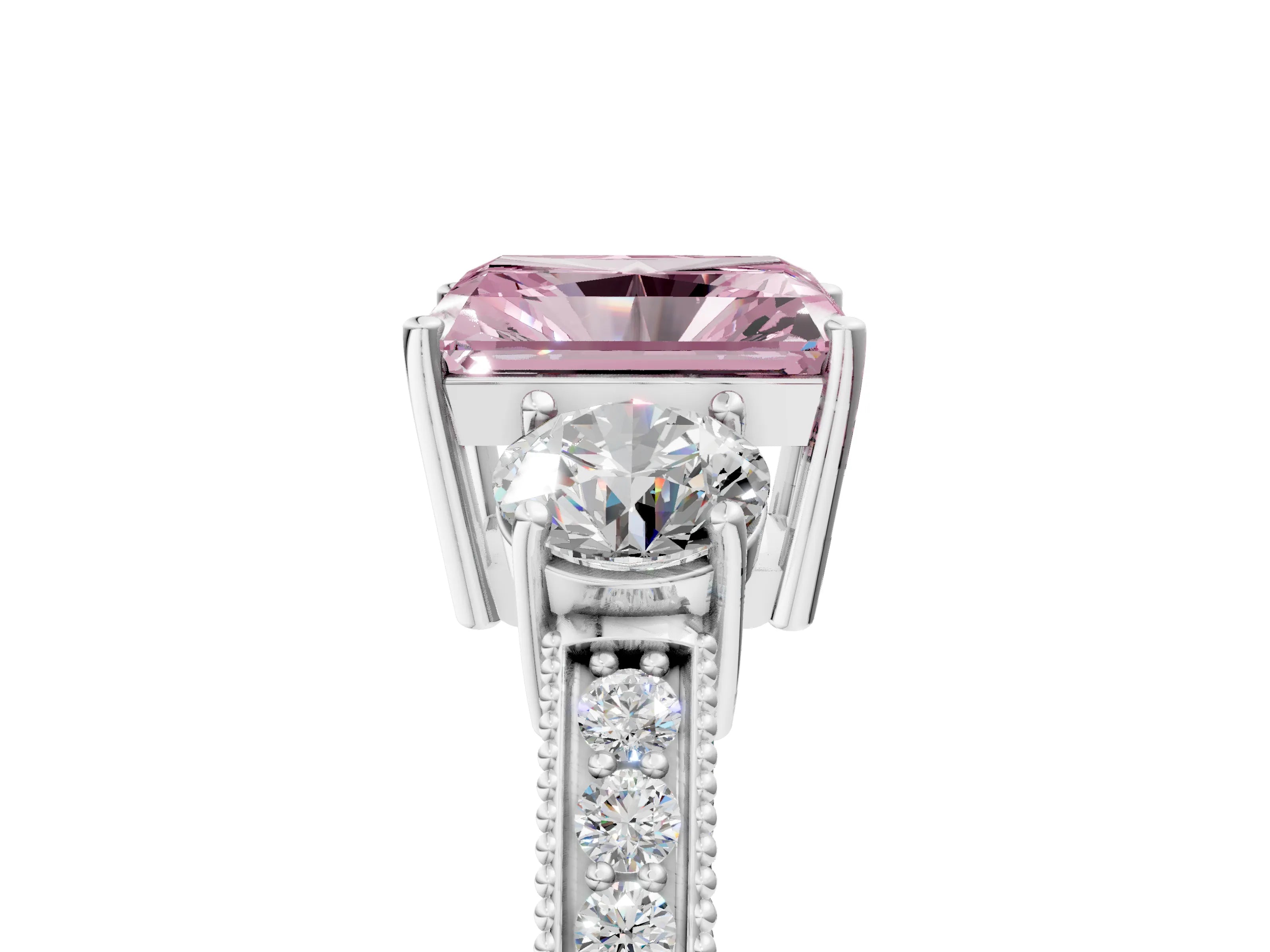 White gold Fancy Pink Radiant Cut Three-Stone Diamond Ring with Pavé Band and Four-Prong Setting_17