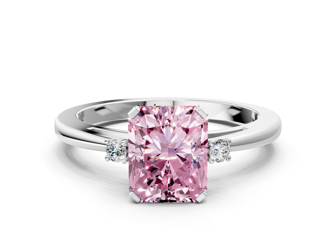 White gold Fancy Pink Radiant  Cut Three-Stone Solitaire Ring with Round Accent Diamonds and Four-Prong Setting_19