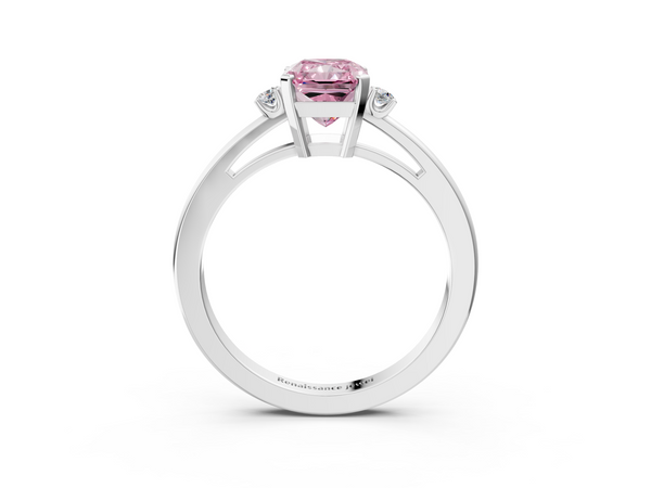 Platinum Fancy Pink Radiant  Cut Three-Stone Solitaire Ring with Round Accent Diamonds and Four-Prong Setting