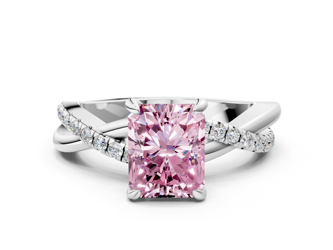 White gold Fancy Pink Radiant  Cut Twist Band Solitaire Diamond Ring with Pavé Setting_3