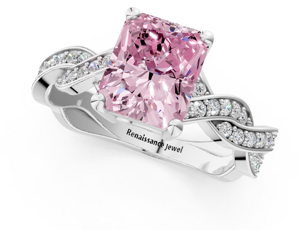 Platinum Fancy Pink Radiant  Cut Twisted Pavé Band Solitaire Ring with Four-Prong Setting