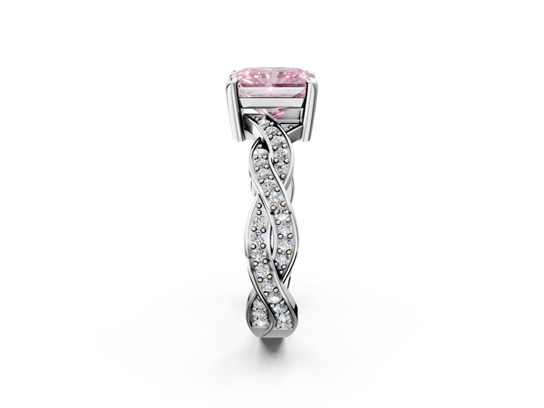 Platinum Fancy Pink Radiant  Cut Twisted Pavé Band Solitaire Ring with Four-Prong Setting