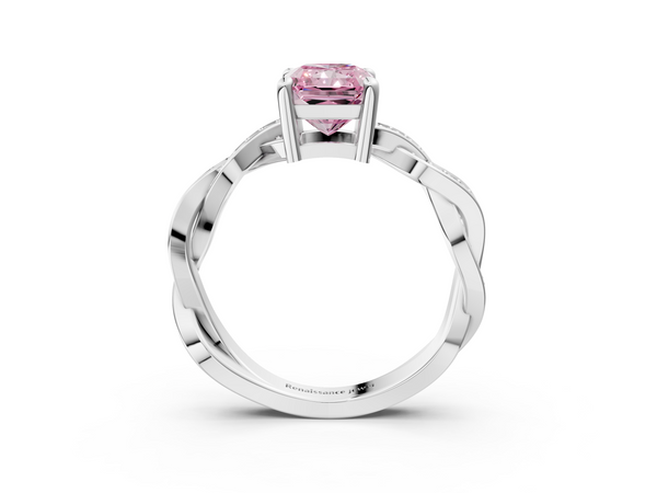 Platinum Fancy Pink Radiant  Cut Twisted Pavé Band Solitaire Ring with Four-Prong Setting