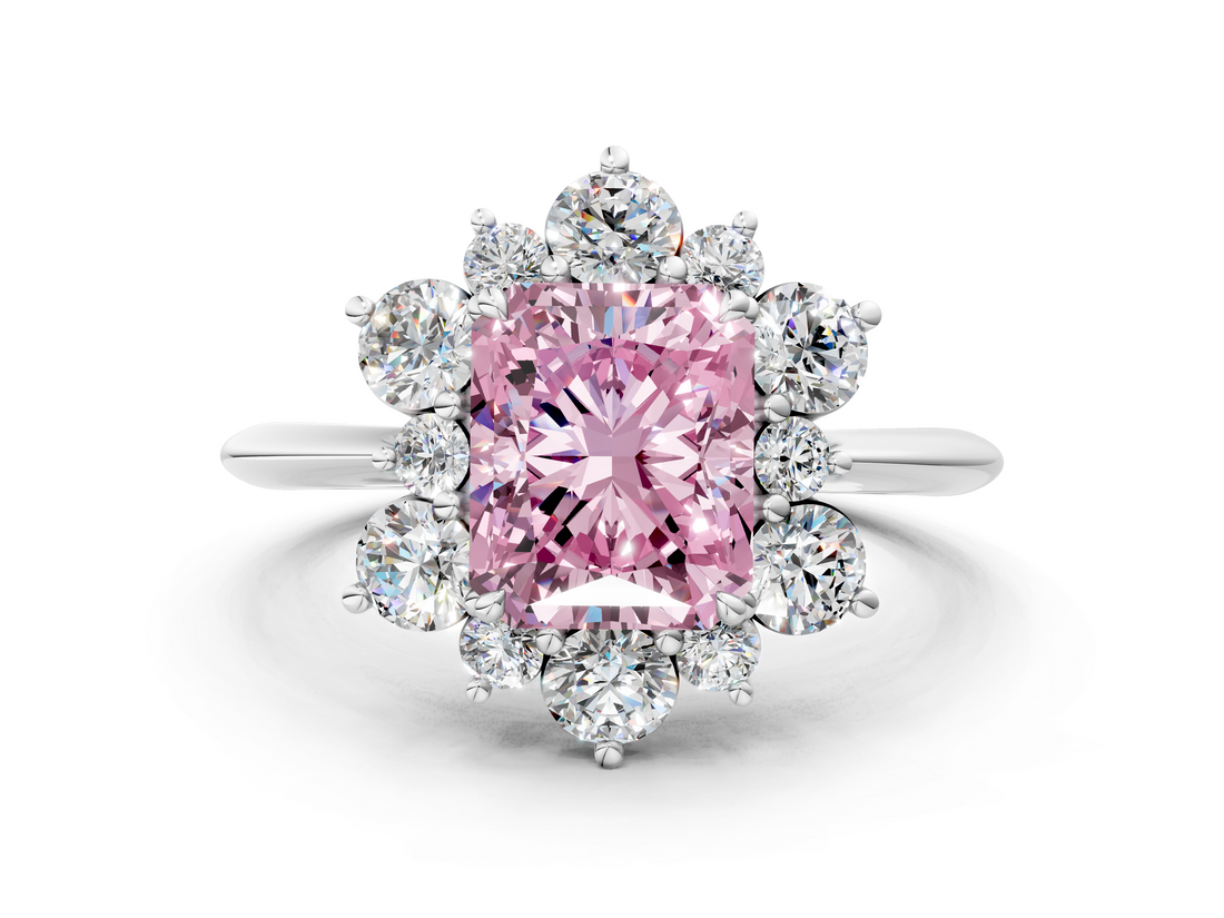 White gold Fancy Pink Radiant  Diamond Cluster Halo Ring with Solitaire Band and Four-Prong Setting_20