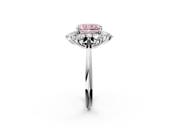 Platinum Fancy Pink Radiant  Diamond Cluster Halo Ring with Solitaire Band and Four-Prong Setting