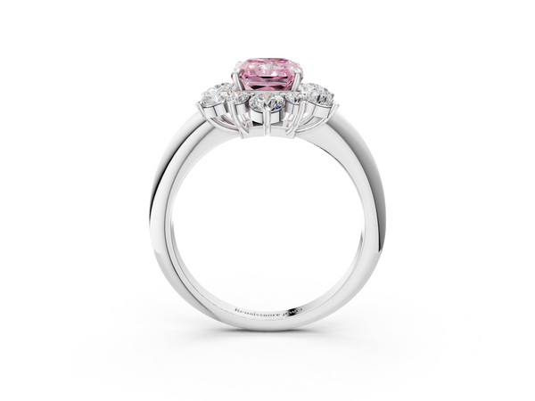 Platinum Fancy Pink Radiant  Diamond Cluster Halo Ring with Solitaire Band and Four-Prong Setting