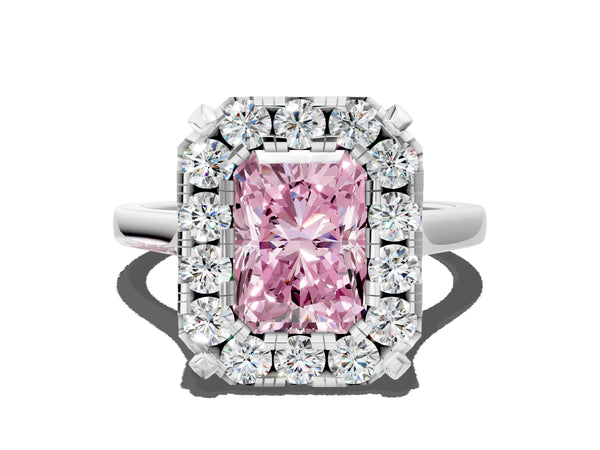 White gold Fancy Pink Radiant  Diamond Cluster Halo Solitaire with Four-Prong Setting