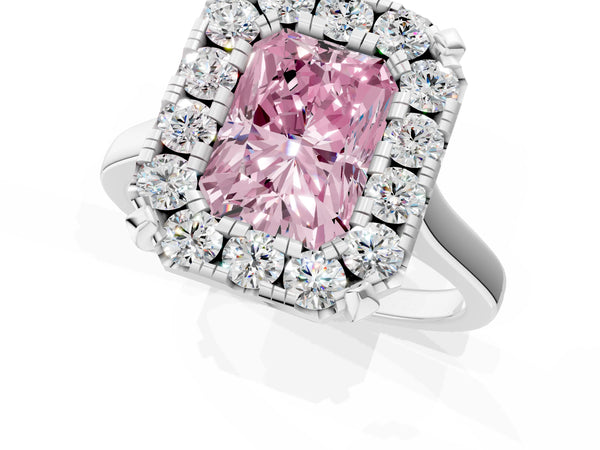 White gold Fancy Pink Radiant  Diamond Cluster Halo Solitaire with Four-Prong Setting