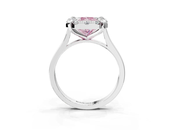 White gold Fancy Pink Radiant  Diamond Cluster Halo Solitaire with Four-Prong Setting
