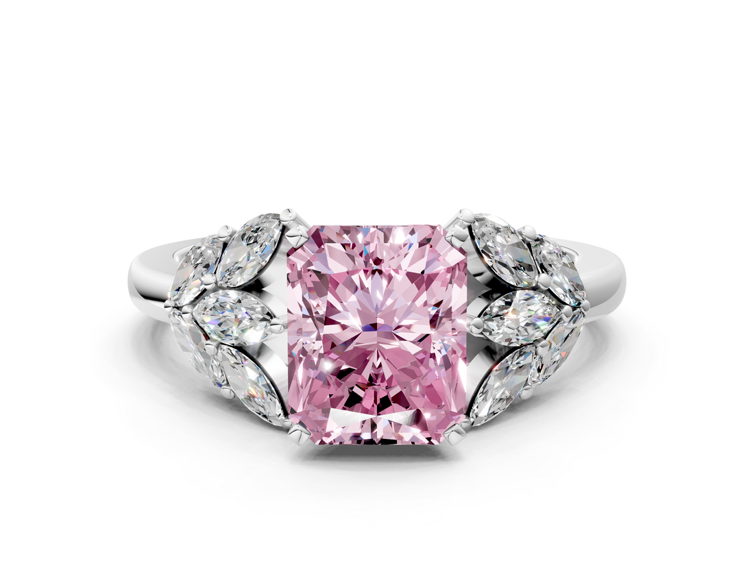 White gold Fancy Pink Radiant  Diamond Cluster Leaf Design Ring with Prong Setting_67