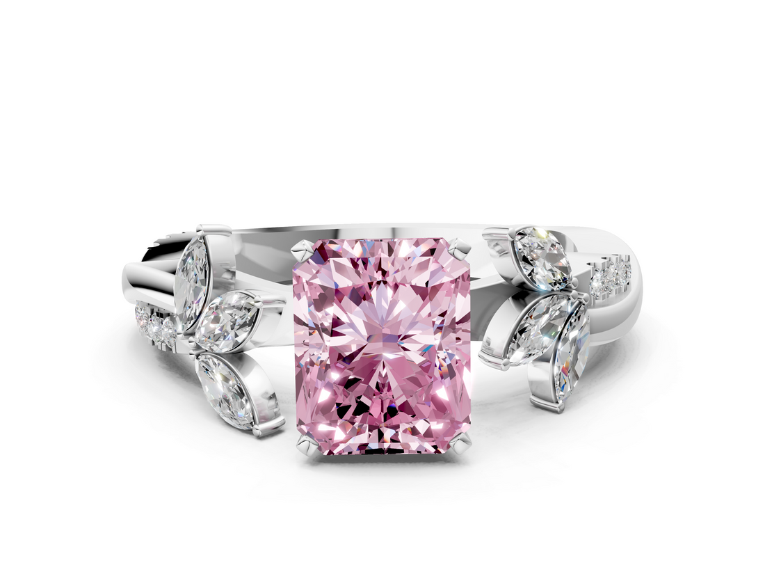 White gold Fancy Pink Radiant  Diamond Floral Vine Solitaire Engagement Ring_3