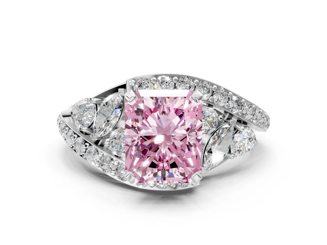 White gold Fancy Pink Radiant  Diamond Halo Ring with Marquise and Pavé Band in Prong Setting_12