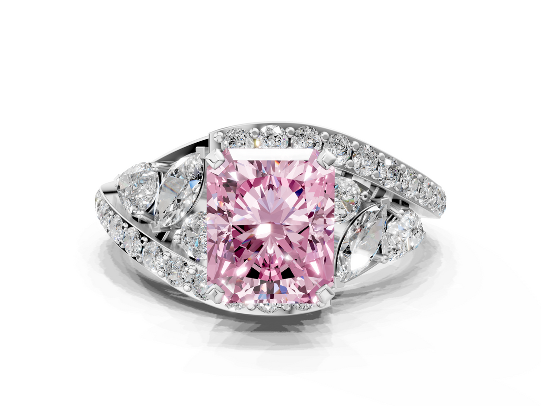 White gold Fancy Pink Radiant  Diamond Halo Ring with Marquise and Pavé Band in Prong Setting_90