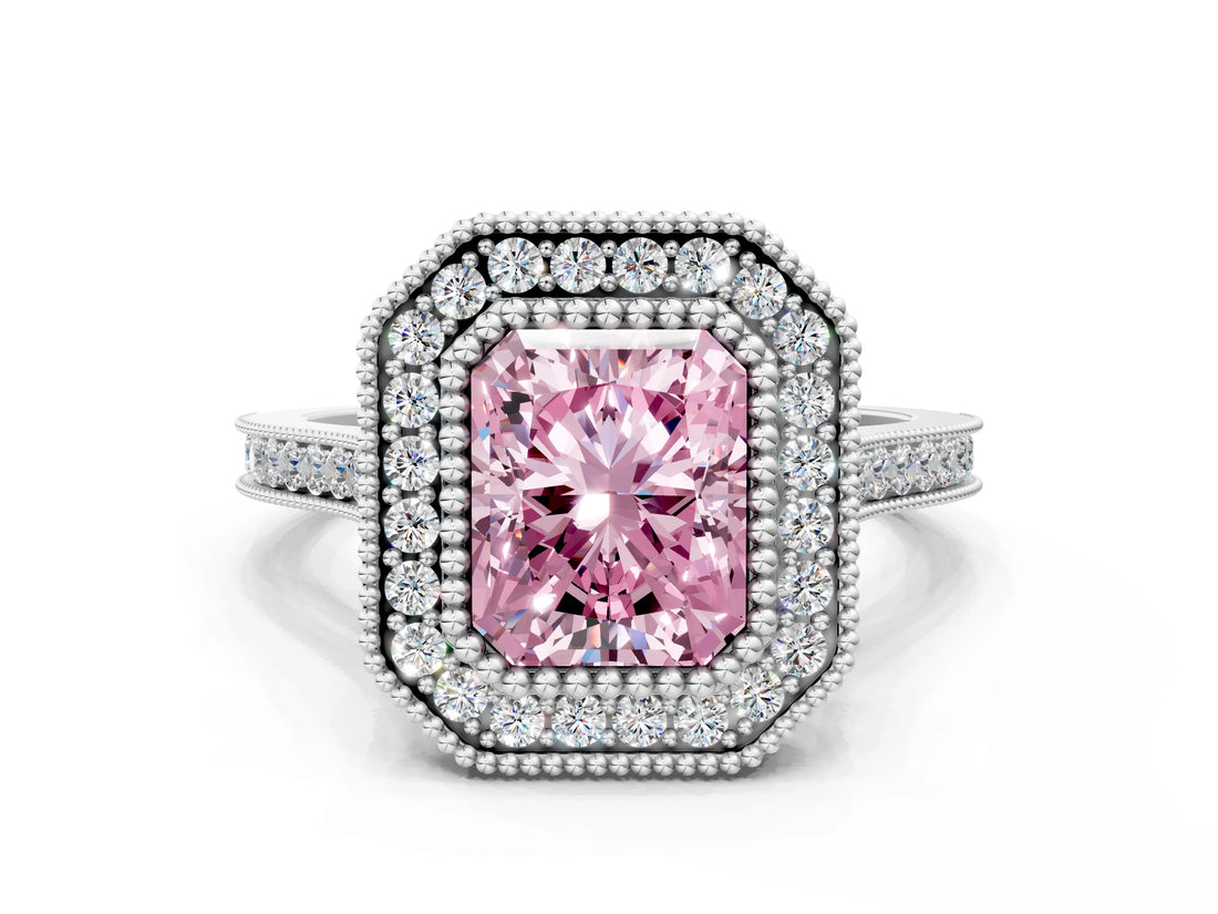 White gold Fancy Pink Radiant  Diamond Halo Ring with Milgrain Frame and Pavé Band_71