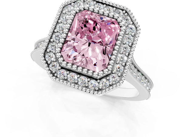 Platinum Fancy Pink Radiant  Diamond Halo Ring with Milgrain Frame and Pavé Band