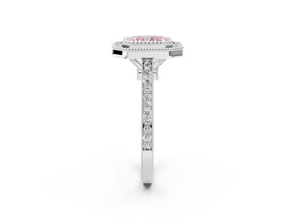 Platinum Fancy Pink Radiant  Diamond Halo Ring with Milgrain Frame and Pavé Band