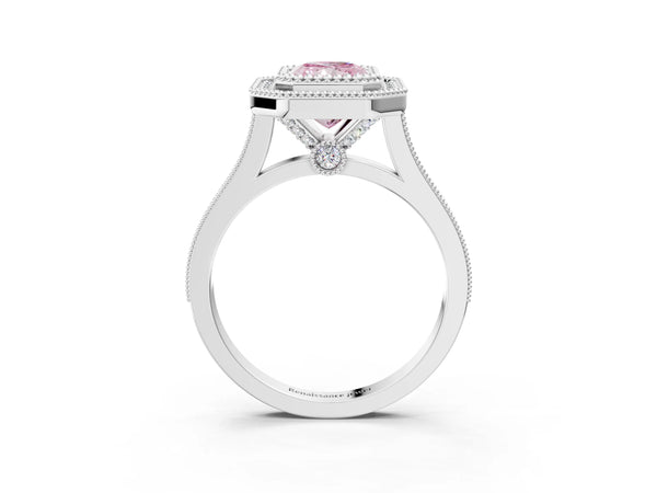 Platinum Fancy Pink Radiant  Diamond Halo Ring with Milgrain Frame and Pavé Band