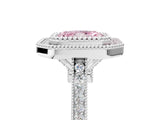 White gold Fancy Pink Radiant  Diamond Halo Ring with Milgrain Frame and Pavé Band_76