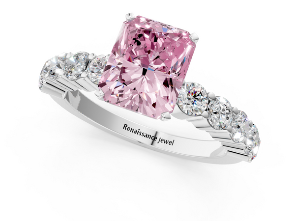 Platinum Fancy Pink Radiant  Diamond Solitaire Ring with Shared Prong Round Side Stones