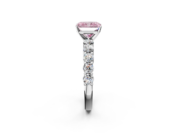 Platinum Fancy Pink Radiant  Diamond Solitaire Ring with Shared Prong Round Side Stones