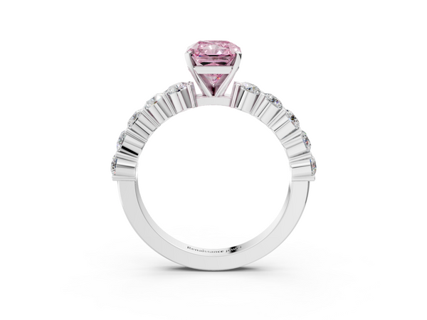 Platinum Fancy Pink Radiant  Diamond Solitaire Ring with Shared Prong Round Side Stones