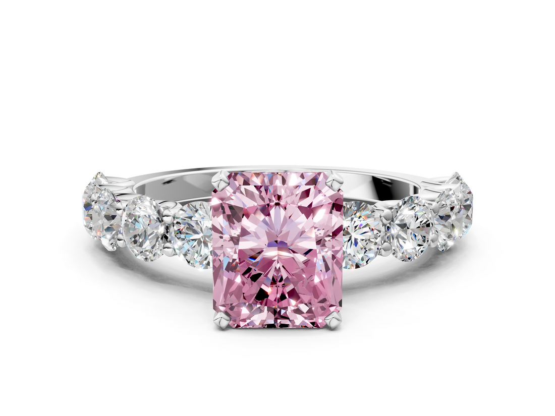 White gold Fancy Pink Radiant  Diamond Prong Setting with Side Stones on a Pave Band_129