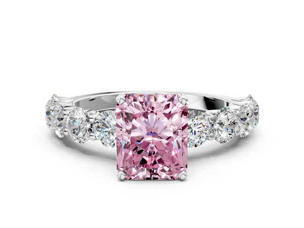 Platinum Fancy Pink Radiant Cut Diamond Prong Setting with Side Stones on a Pave Band